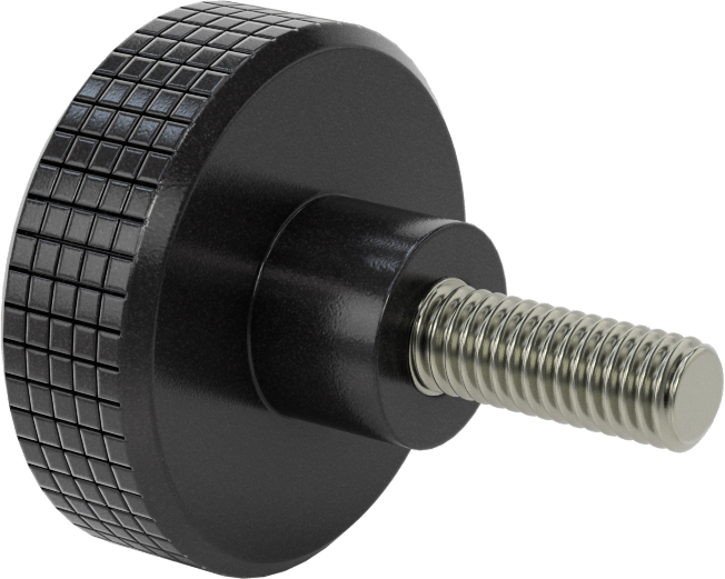 Siyah Polipropilen Tırtıllı Topuz, 3/8"-16 Dişli 1" Uzunlukta Saplama, 2" Baş Çapı