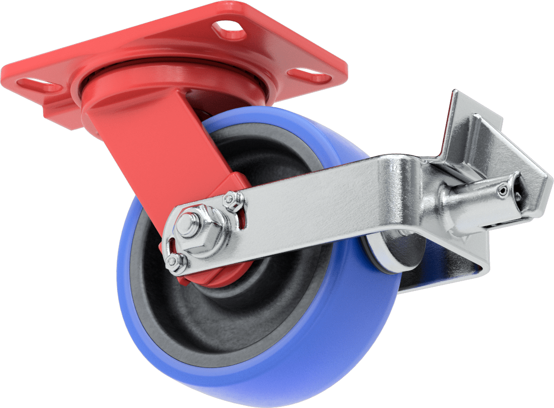 6-1/2" x 4-1/2" Plakalı Yüksek Kapasiteli Kingston Tekerlek, Frenli Döner Tekerlek ve 6" Çapında Mavi Poliüretan Tekerlek — 6", Levha, Döner