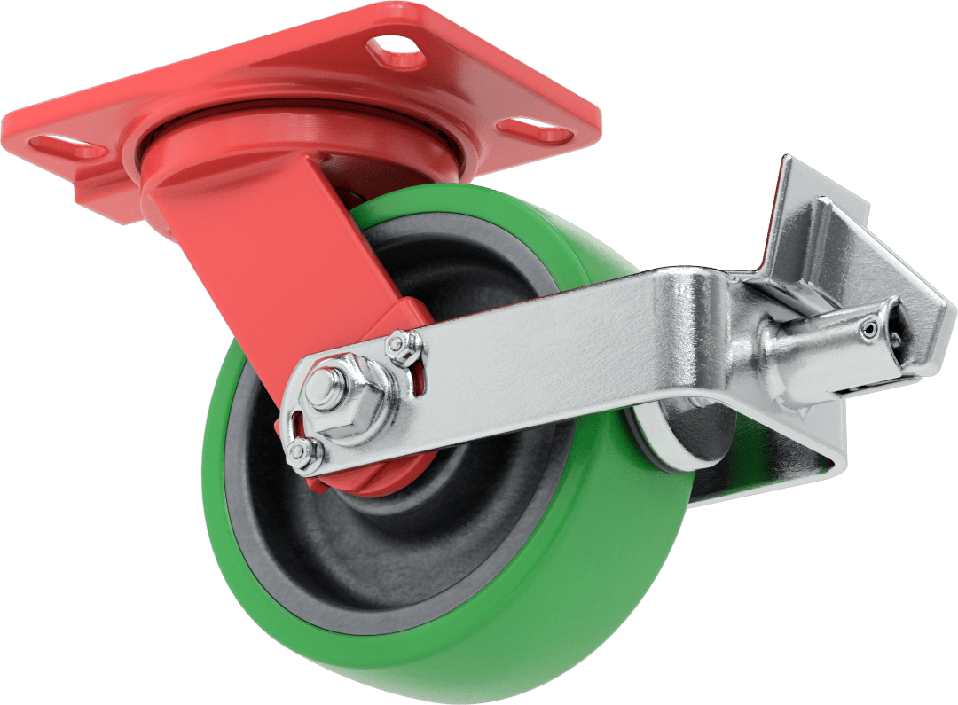 6-1/2" x 4-1/2" Plakalı Yüksek Kapasiteli Kingston Tekerlek, Frenli Döner Ayak ve 6 inç Çapında Yeşil Poliüretan Tekerlek — 6", Levha, Döner