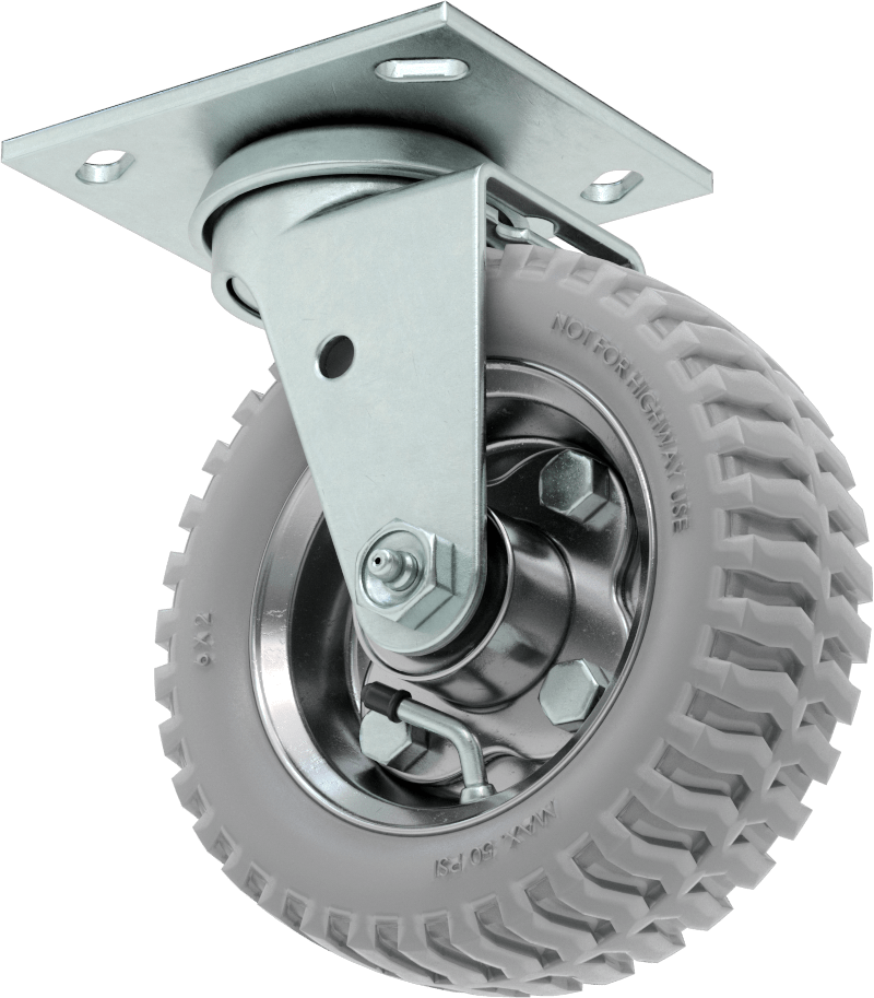 4-1/2" x 4" Plakalı Tekerlek, 6" Çaplı Gri Lastik Tekerlekli Pnömatik Döner Tekerlek
