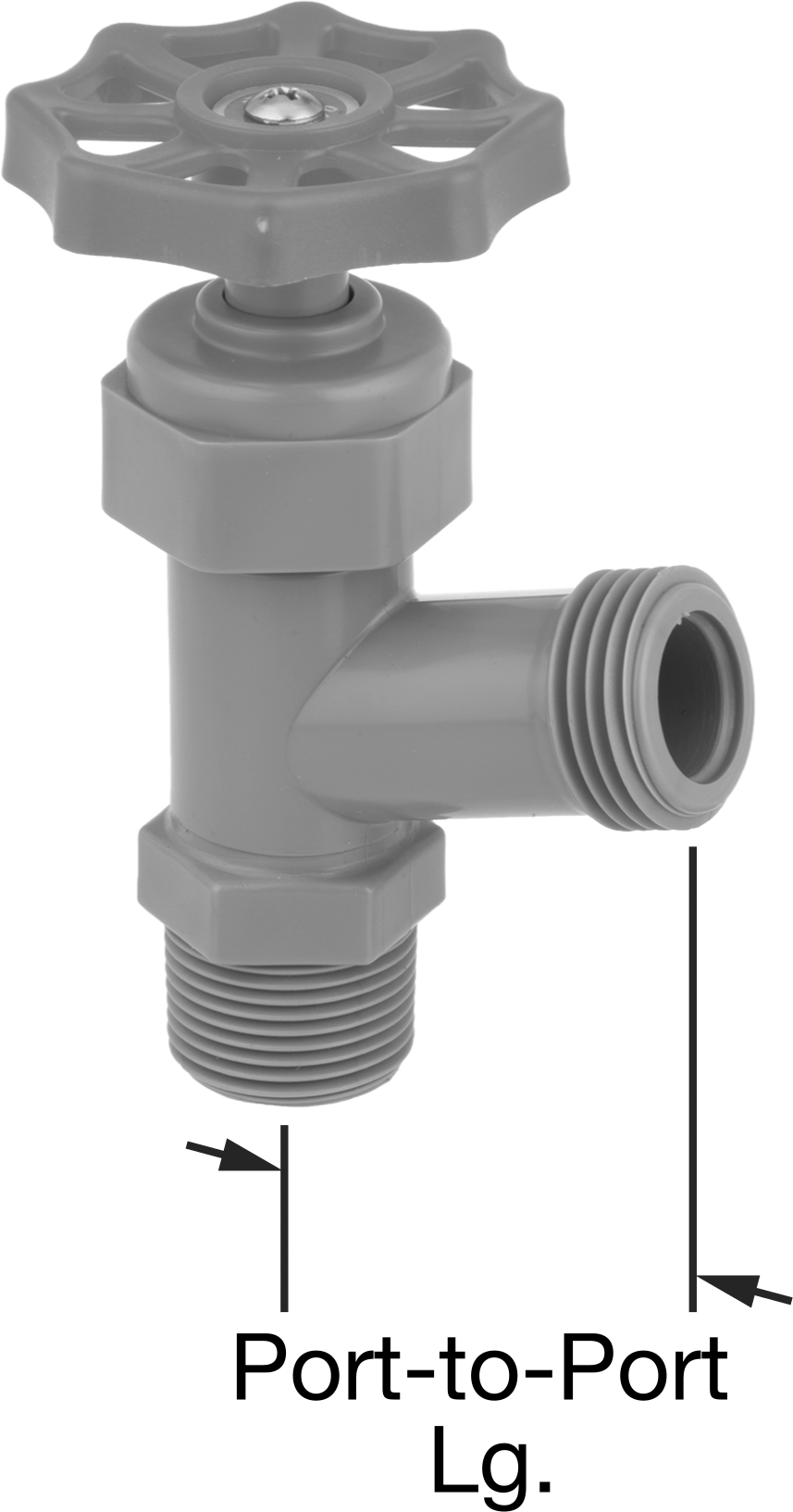 Asetal Gövde Akış Ayar Valfi, 3/4 NPT Erkek x 3/4 GHT Erkek Dirsek — Acetal, Plastic, Tekerlek, 70° Dirsek