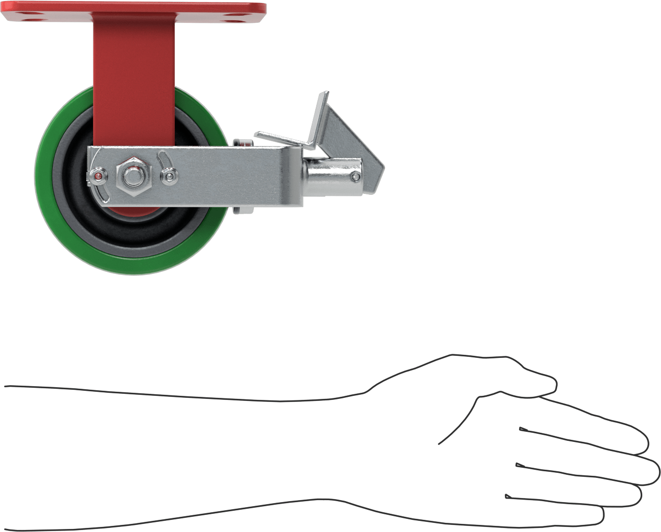6-1/2" x 4-1/2" Plakalı Yüksek Kapasiteli Kingston Tekerlek, Frenli ve 5 inç Çapında Yeşil Poliüretan Tekerlekli Sabit