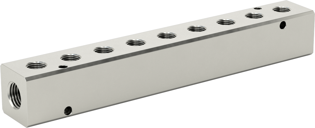 Nikel Kaplı Alüminyum Dik Açılı Akış Manifoldu, Bir Tarafında 9 Çıkışlı, 1/4 NPT x 1/8 NPT — 9, Nikel Kaplı Alüminyum, Bir adet Yan Parça
