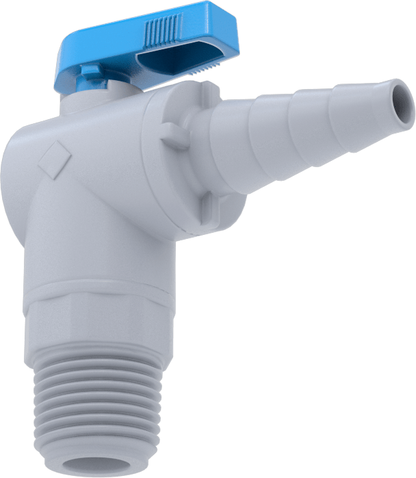 Tırnaklı Bağlantı Parçalı Plastik Açma/Kapama Vanası, 3/8", 1/2" ve 5/8" boru iç çapı x 1/2 NPT erkek, Dirsek