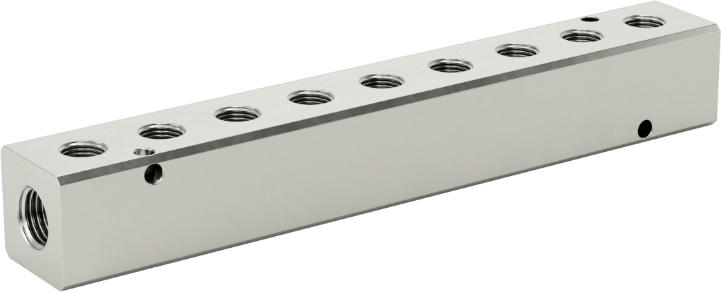 Nikel Kaplı Alüminyum Dik Açılı Akış Manifoldu, Bir Tarafında 9 Çıkışlı, 1/4 NPT x 1/8 NPT