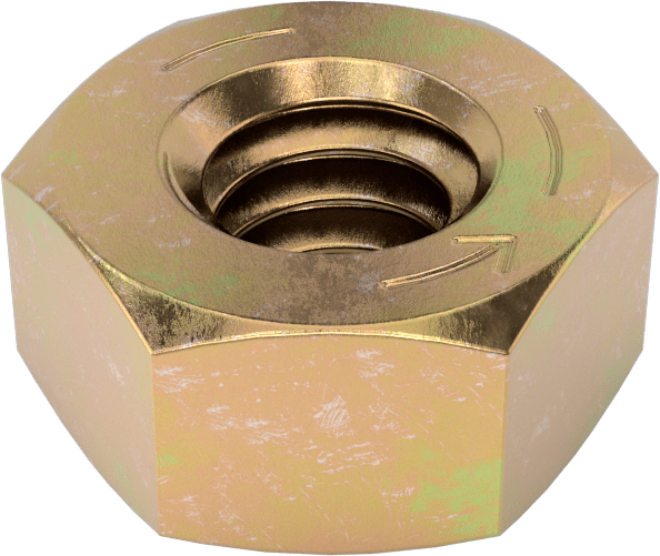 Yüksek Mukavemetli Çelik Sol Dişli Altıköşe Somun, Sınıf 8, Sarı Kromat Kaplamalı Çinko, 1/4"-20 Diş Boyutu