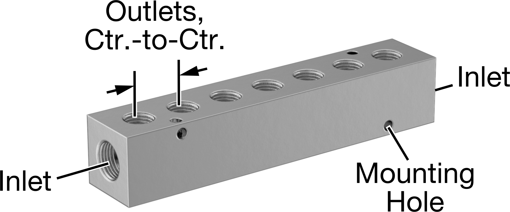 Nikel Kaplı Alüminyum Dik Açılı Akış Manifoldu, Bir tarafta 7 çıkışlı, 3/8 NPT x 1/4 NPT