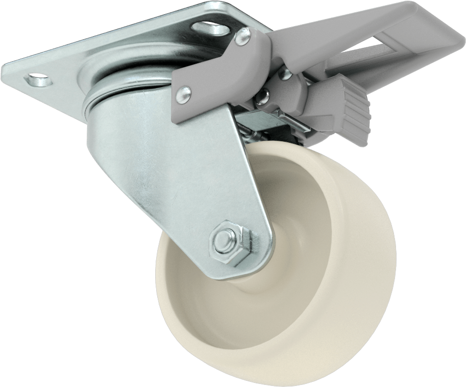 3-3/4" x 2-3/4" Plakalı Parlak Yüzeyli Tekerlek, Tam Kilitli ve 3 inç Çapında Naylon Tekerlekli Döner Ayak — 4 5⁄8", Levha, 3"
