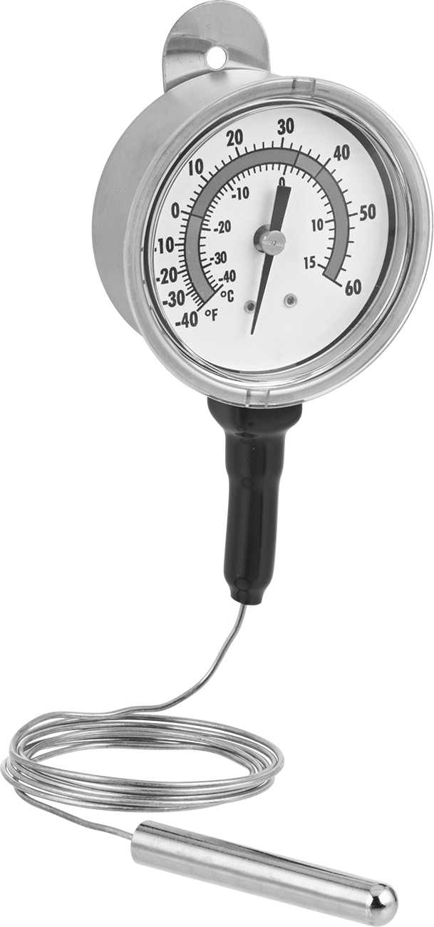 Uzaktan Okunabilir Panel Montajlı Termometre, 2-1/2" Kadran, Braket Montajı, Alt Bağlantı, 40 ila 60 F — Uzaktan Okuma, Kadran, 60° F