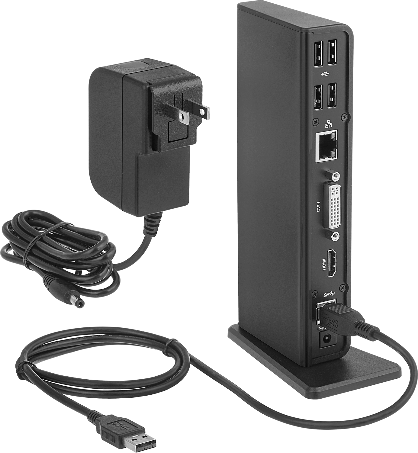 USB Standart 3.2 Gen 1 Hub, Dişi USB A ile Erkek USB A, DVI, HDMI, RJ45 ve Ses Bağlantısı — 7 7⁄16", 3 ft., Düz