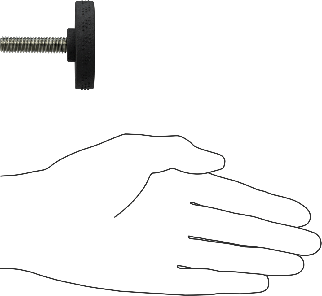 Rahat Tutuşlu Plastik Tırtıllı Düğme, 3/8"-16 Dişli 1-1/2" Uzunlukta Saplamalı, 2" Baş Çapı