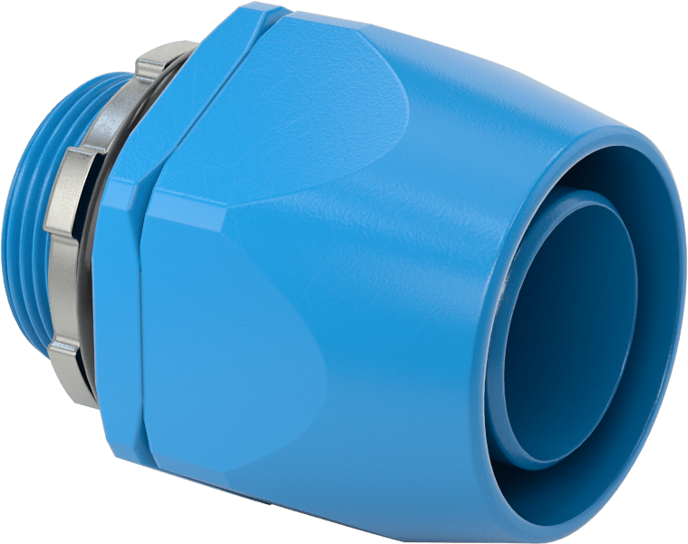 Sürekli Esnek Sıvı Sızdırmaz Plastik Kanal için 1-1/4 Dişi x NPT Erkek Asetal Adaptör — Acetal, Plastic, Düz, Mavi