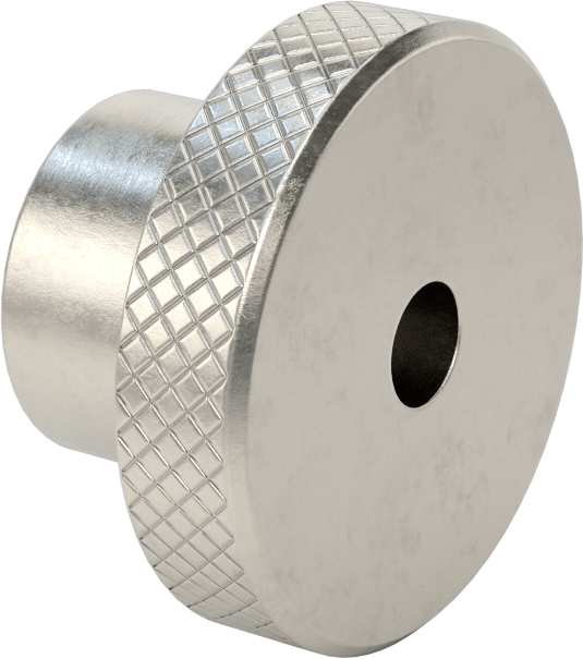 303 Paslanmaz Çelik Tırtıllı Düğme, 1/2" Çapında Dişsiz Delikli — 1⁄2", Dişsiz Delik, 303 Stainless Steel, Stainless Steel