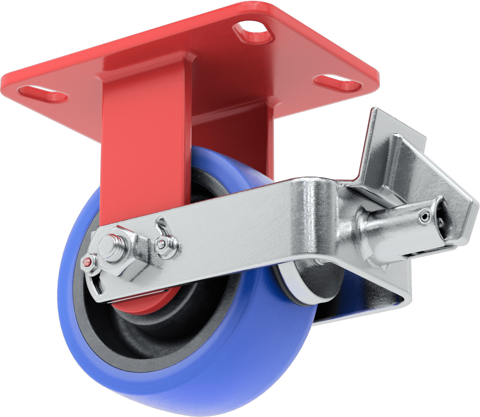 6-1/2" x 4-1/2" Plakalı Yüksek Kapasiteli Kingston Tekerlek, Frenli ve 5 inç Çaplı Mavi Poliüretan Tekerlekli Sabit — 5", Levha, Sert