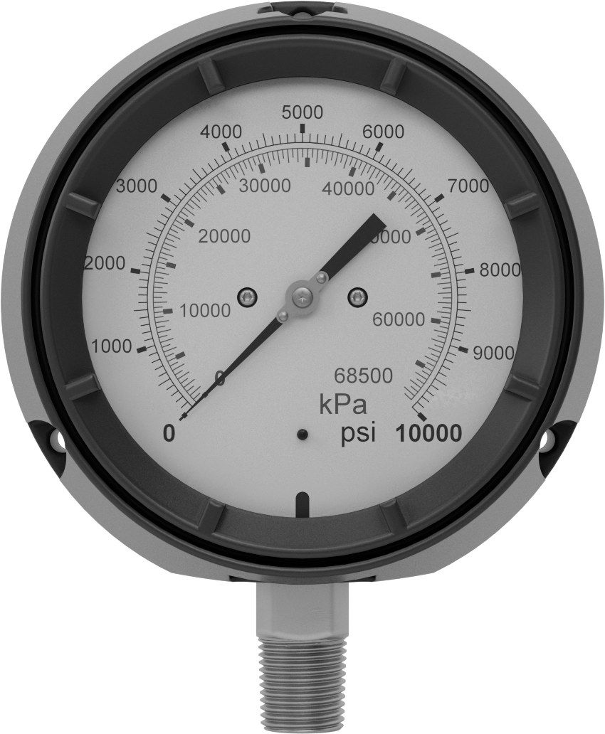 Basınç Test Göstergesi, Titreşime Dayanıklı, Çift Ölçek ve Sertifika, 1/2 NPT, 0-10000 PSI