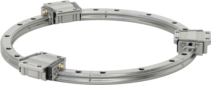 Eğriler için Bilyalı Rulmanlı Taşıyıcı ve Kılavuz Ray, 100 mm Ray Kıvrım Yarıçaplı Yuvarlak Ray, 630 mm Uzunluk — 12 mm, 39 mm, 45 mm