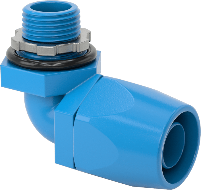 1/2 Dişi x NPT Erkek Asetal 90 Derece Adaptör, Sürekli Esnek Sıvı Sızdırmaz Plastik Kanal için — Acetal, Plastic, 90° Dirsek, Mavi