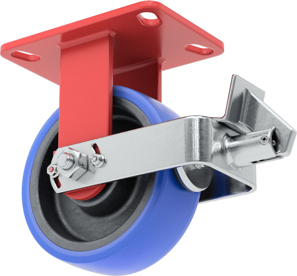 6-1/2" x 4-1/2" Plakalı Yüksek Kapasiteli Kingston Tekerlek, Frenli ve 6" Çapında Mavi Poliüretan Tekerlekli Sert — 6", Levha, Sert