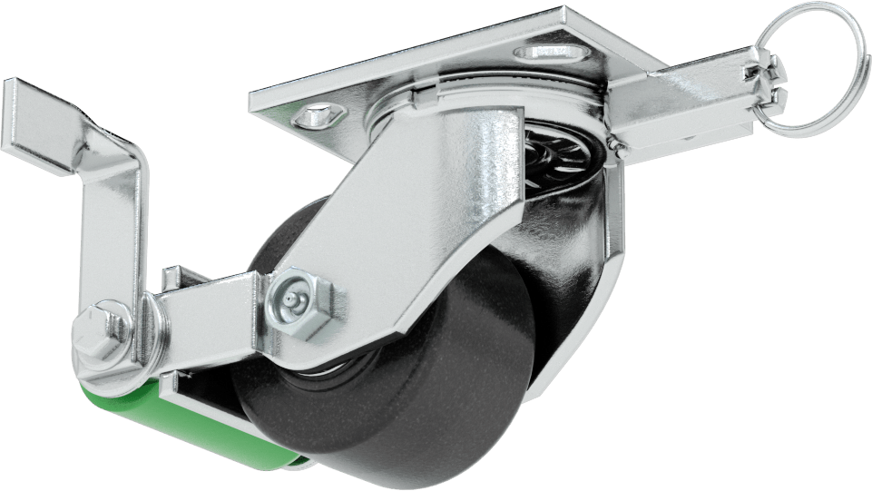 4-1/2" x 4" Plakalı Yüksek Kapasiteli Spartan Tekerlek, Kilitli Döner Ayak, 3-1/4" Çap Açık Rulmanlı Fenolik Tekerlek