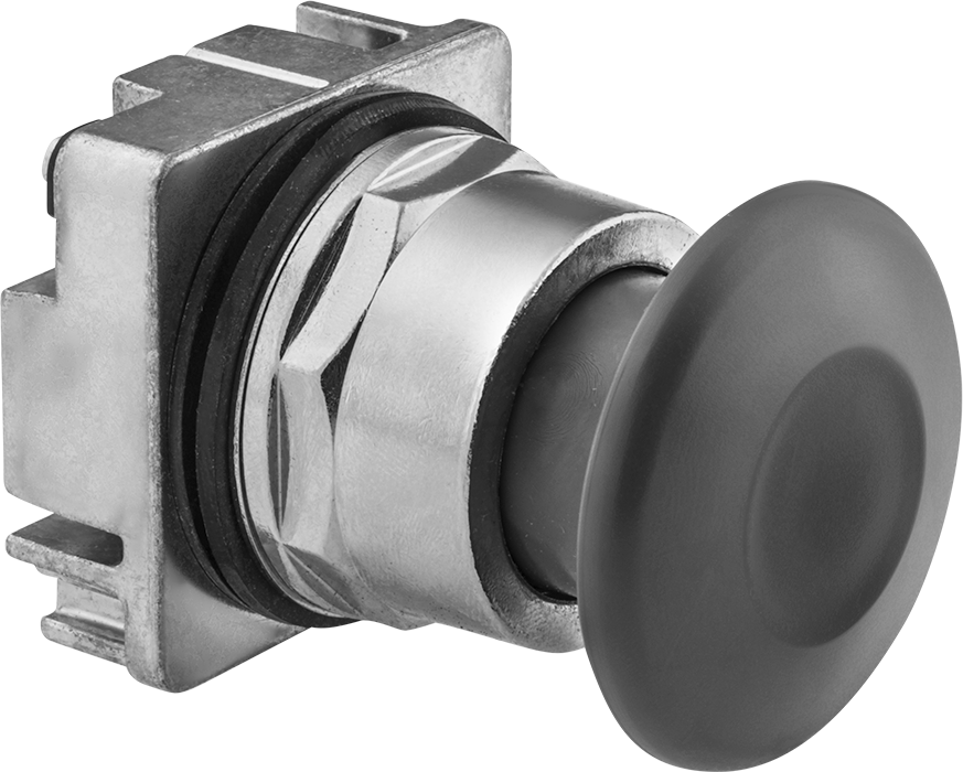 30 mm Panele Monte Metal Aktüatör, Mantar Şeklinde Basma Düğmesi, Çekme Sıfırlama, NEMA 4x — 1 3⁄16", 30 mm, 120V AC, 24V DC, Çalışır Dur…
