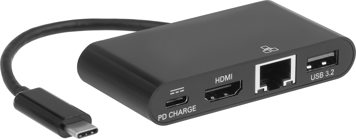 USB Standart 3.2 Gen 1 Hub, Dişi USB A ile Erkek USB C, C, HDMI ve RJ45 Bağlantıları — 3 1⁄8", 4 1⁄4", Düz