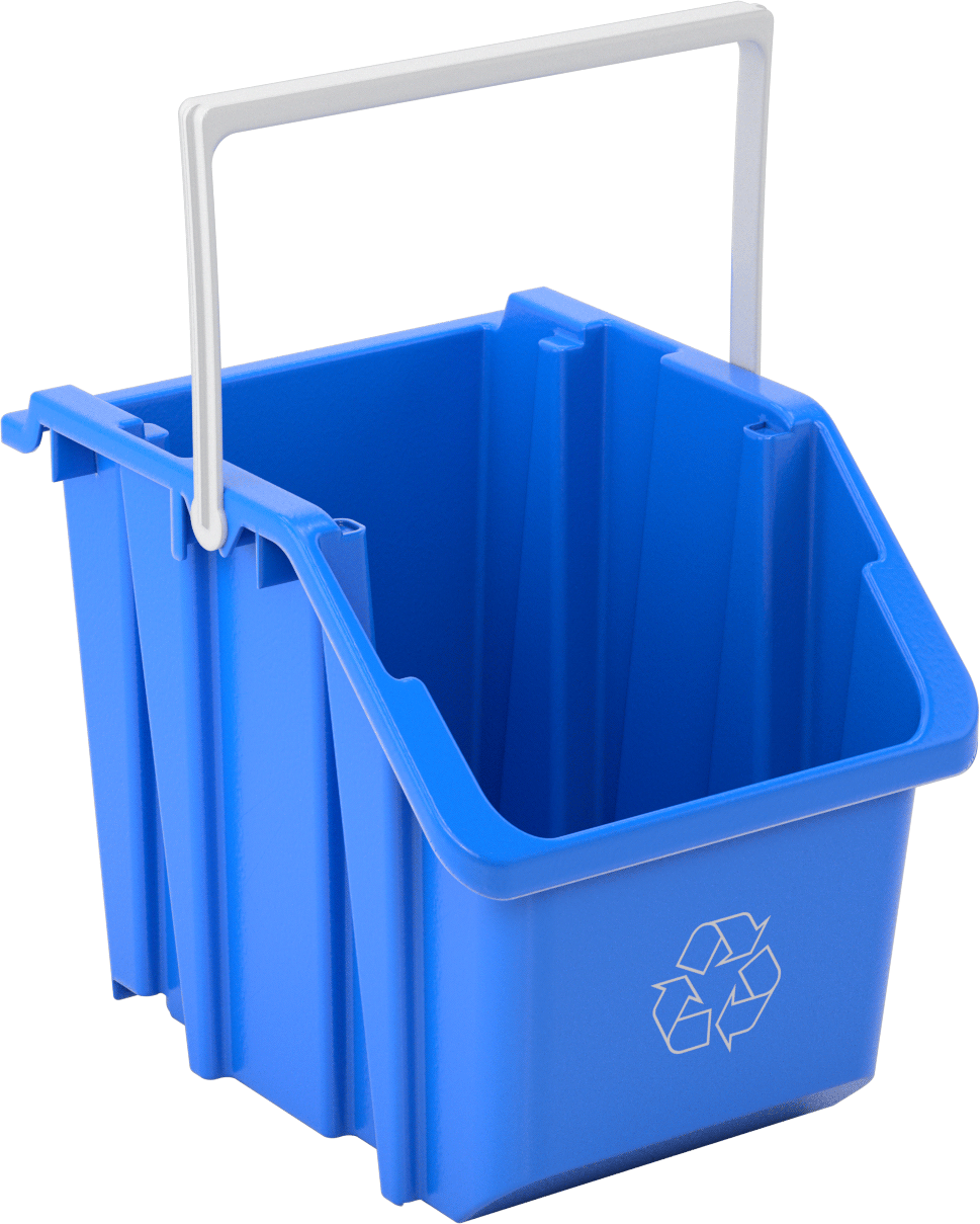 Plastik Geri Dönüşüm Konteyneri, Dikdörtgen, Kulplu İstiflenebilir, 6 Galon Kapasite — 12 1⁄2", Plastik, Geri Dönüşüm