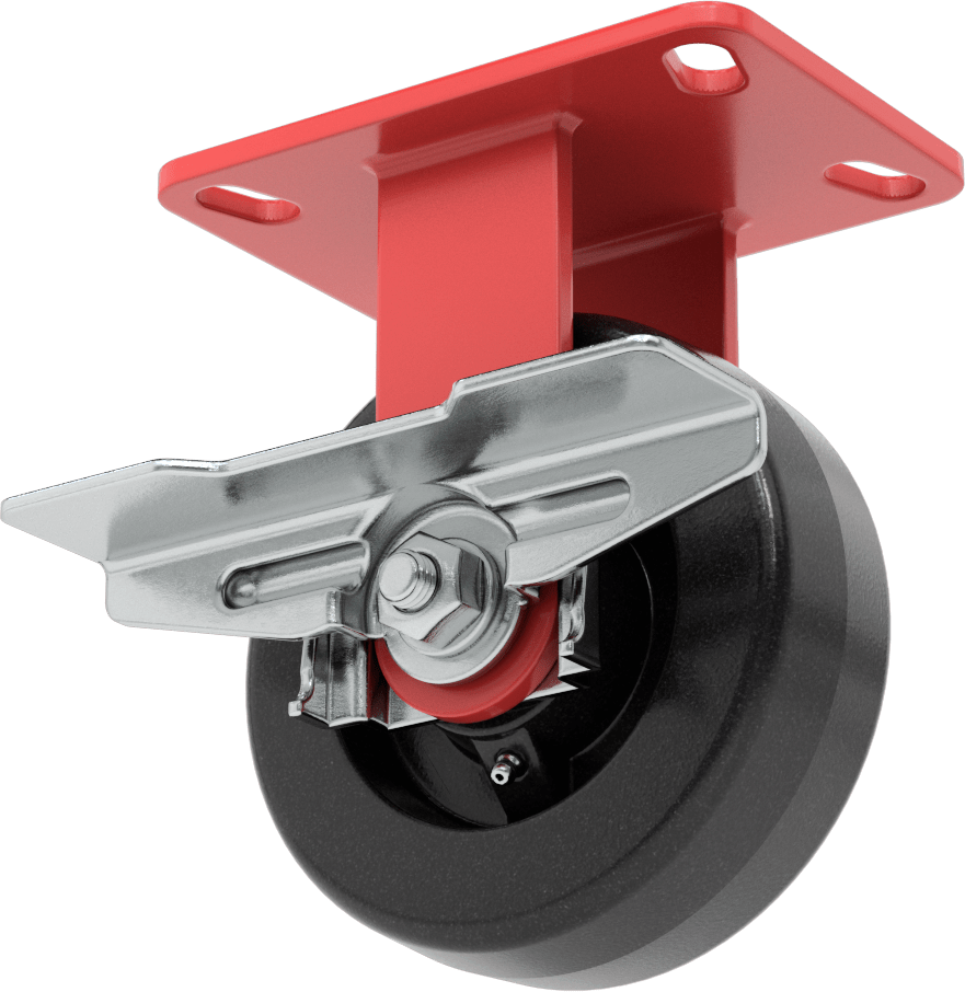 6-1/2" x 4-1/2" Plakalı Yüksek Kapasiteli Kingston Tekerlek, Sağ Taraf Frenli ve 6 inç Çapında Fenolik Tekerlekli Sabit Model — 6", Levha…