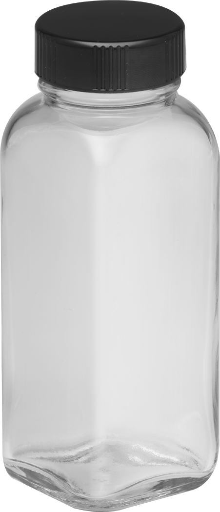 Kare Cam Kavanoz, PTFE Plastik Contalı, 4 FL oz/120 ml Kapasite — Glass, Phenolic, Plastic, PTFE, Soda-Lime Glass, 4 fl. oz., 120 ml, Siy…