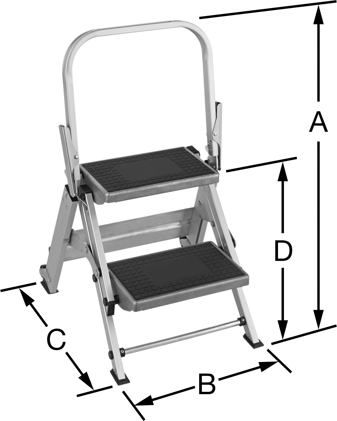 Korkuluklu Alüminyum Katlanabilir Basamaklı Tabure, 2 Kauçuk Kaplı Basamak, 34" Yükseklik x 21" Genişlik x 22" Derinlik Toplam