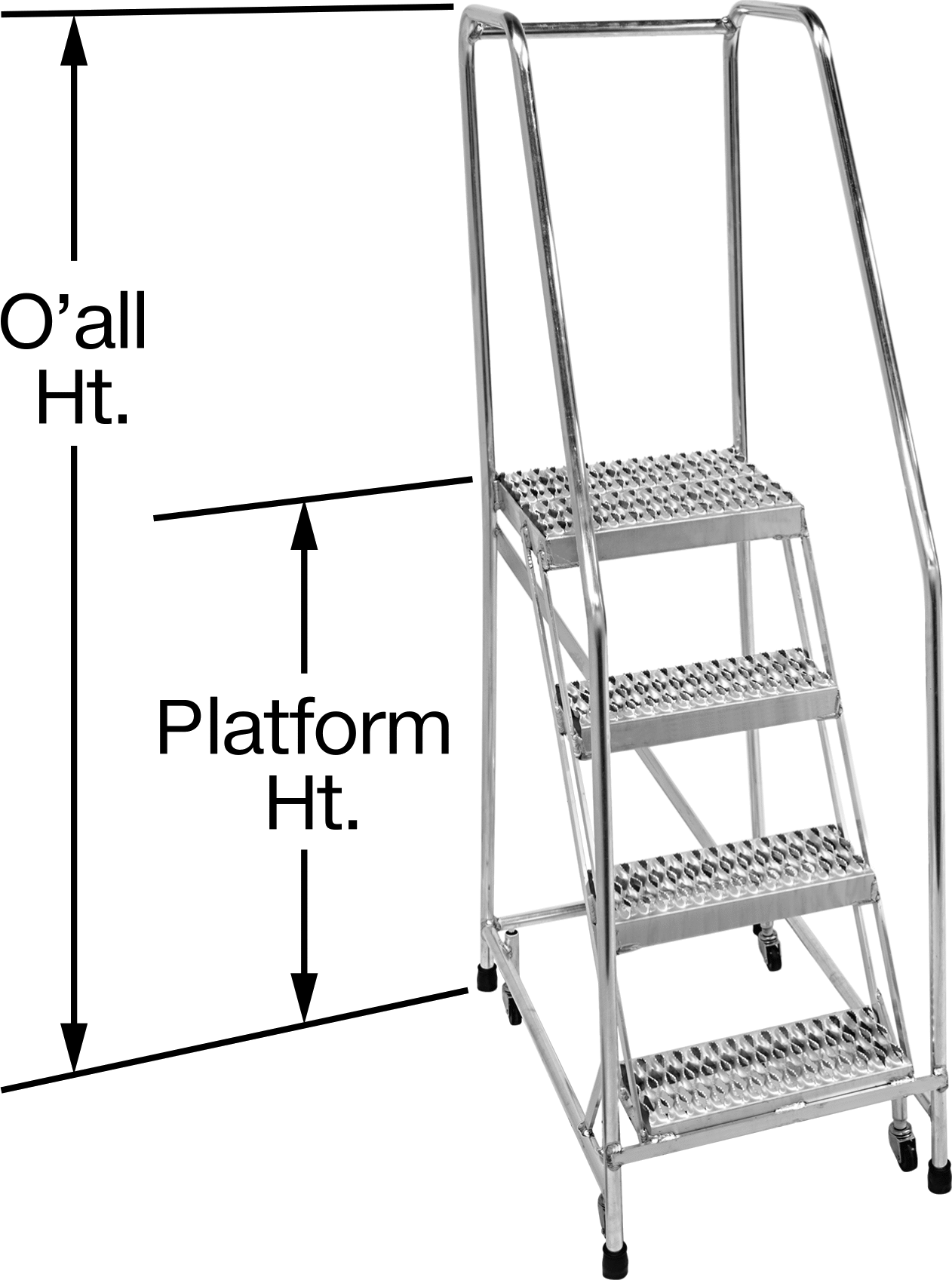Hafif Alüminyum Tekerlekli Platform Merdiveni, Yivli Basamaklar, 4'4" Yükseklik x 20" Genişlik x 23" Derinlik Toplam — 2, 20", Alüminyum