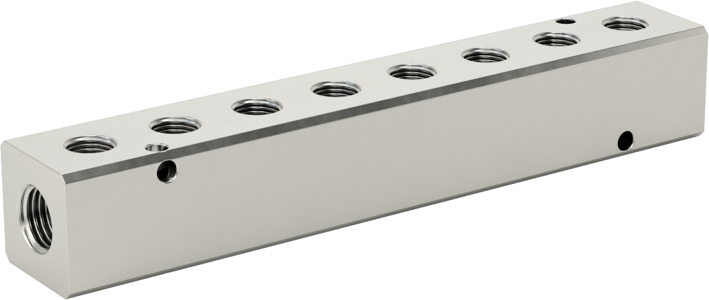 Nikel Kaplı Alüminyum Dik Açılı Akış Manifoldu, Bir tarafta 8 çıkış, 1/4 NPT x 1/8 NPT