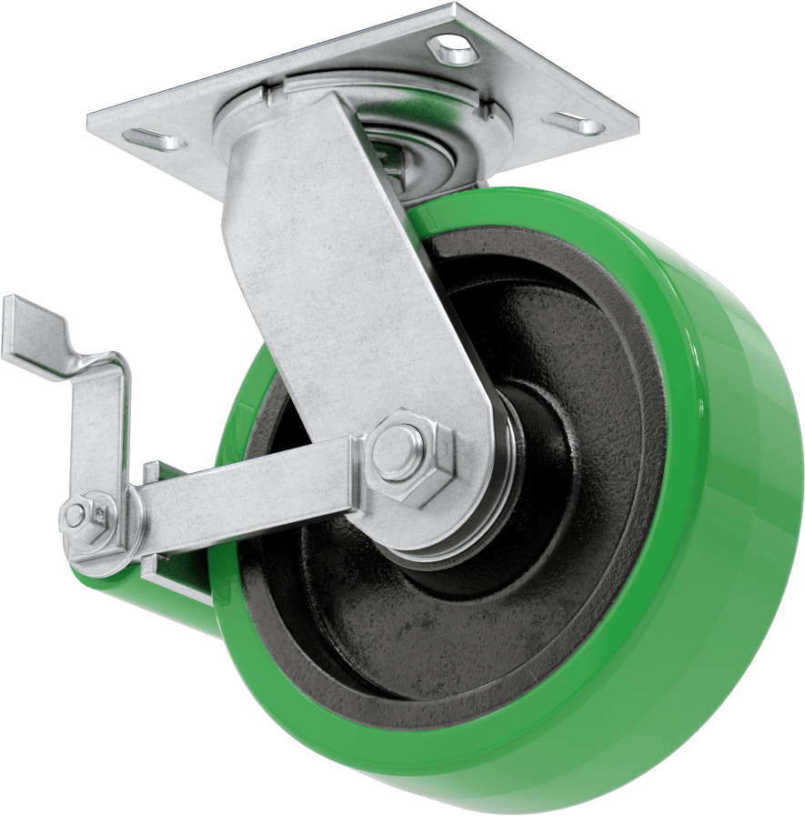 6-1/4" x 4-1/2" Plakalı Viking Tekerlek, Frenli ve 8" Çapında Poliüretan Tekerlekli Döner Tekerlek