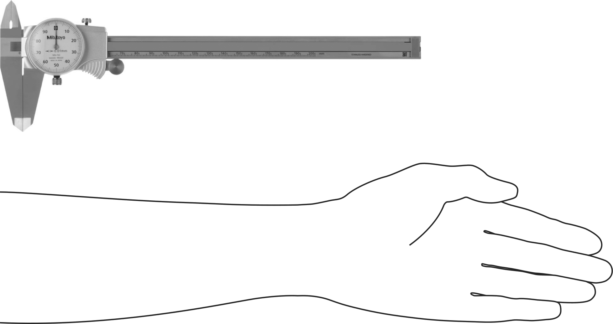 Mitutoyo Kadranlı Kumpas, Model Numarası 505-733, 0 mm ila 200 mm Ölçüm Aralığı