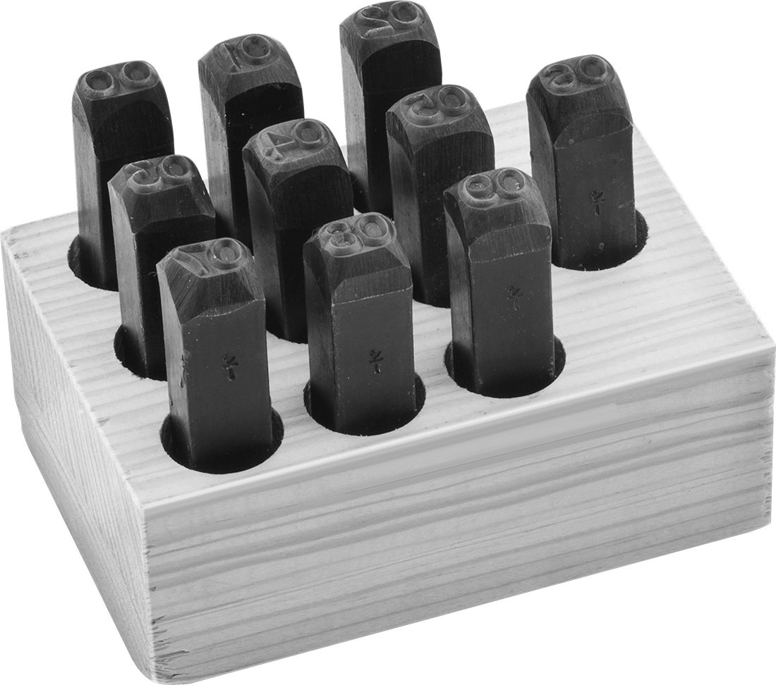 Sert malzemeler için iki basamaklı çelik damga, 1/8" Karakter Yüksekliği, Set Numarası 00-09