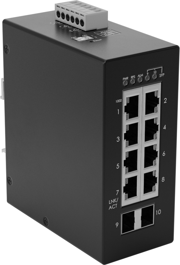 Cihaz Öncelikli Ethernet Anahtarı, 2 adet Sfp Soket ve 8 adet RJ45 Soketli, DIN Rayı Montajı — 20V DC ila 48V DC, DIN Rail, 1 Gbit/s