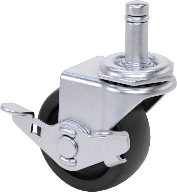Tutuş Halkalı Sürtünmeli Tutuşlu Saplı Tekerlek, Frenli ve 2" Çapında x 7/8" Genişliğinde 75A Kauçuk Tekerlekli Döner Tekerlek — Mil, 3⁄8…