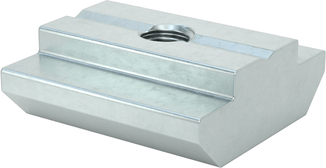 T-Yuvalı Çerçeve Bağlantı Elemanları, Uç Beslemeli Kendinden Hizalamalı Somun, 1.5", 30 mm ve 40 mm Ray, M4 — M4, Çinko Kaplı Çelik, Somun