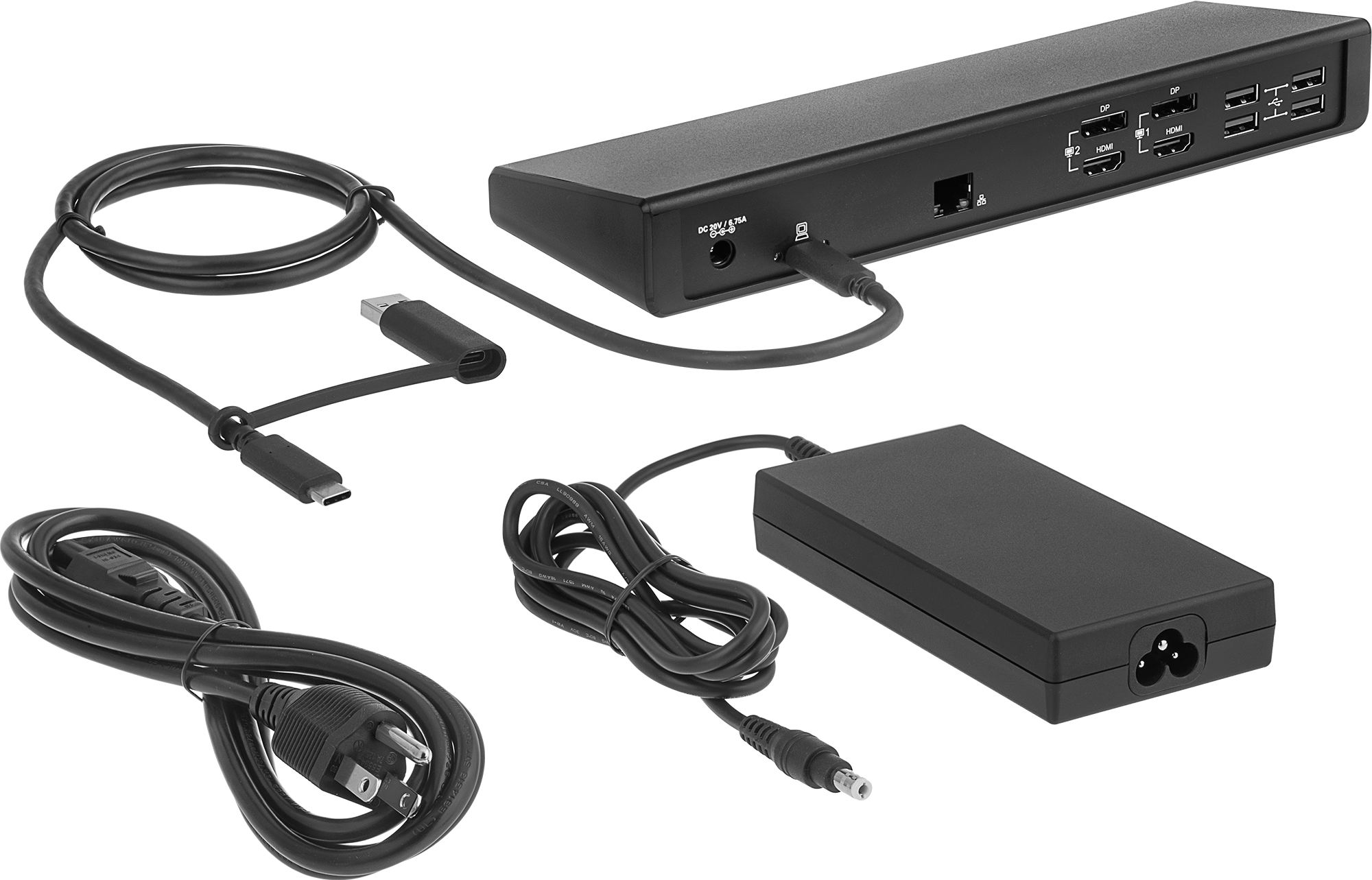 USB Standart 3.2 Gen 1 Hub, USB A ve C Erkek, Dişli A ve C, HDMI, Displayport, RJ45 ve Ses — 9 13⁄16", 3 ft., Düz