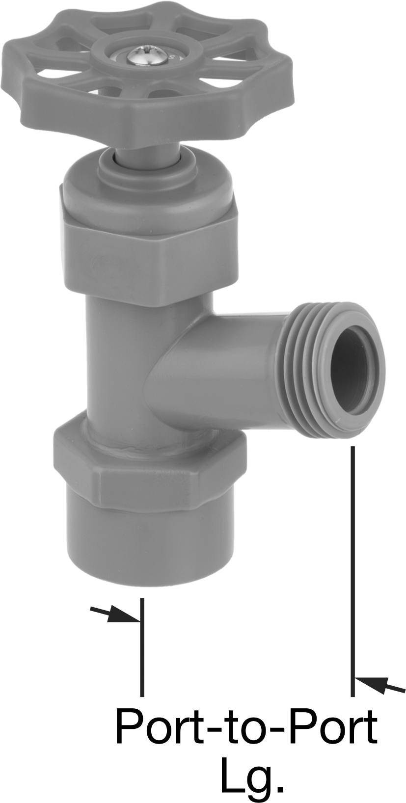 Asetal Gövde Akış Ayar Valfi, 3/4 NPT Dişi x 3/4 GHT Erkek Dirsek — Acetal, Plastic, Tekerlek, 70° Dirsek