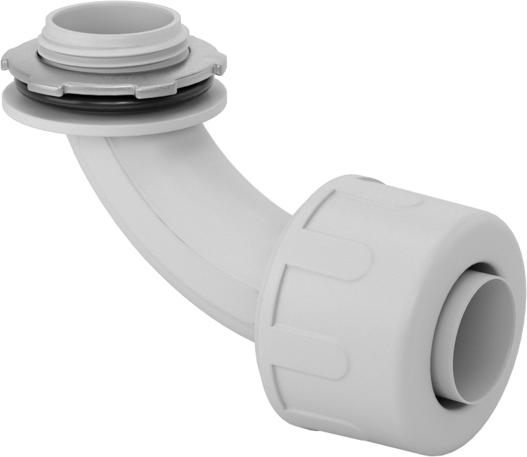 Sıvı Geçirmez Esnek Plastik Kanal Adaptörü, 90 Derece Dirsek, 3/4 Geçmeli Dişi x 3/4 NPT Erkek — 3⁄4, 90° Dirsek, Nylon, Plastic