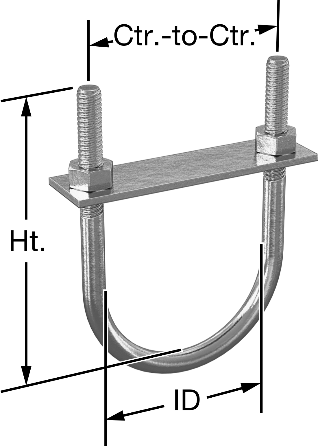 304 Paslanmaz Çelik U Cıvata, Montaj Plakalı, 1/4"-20 Diş Boyutu, 9/16" İç Çap