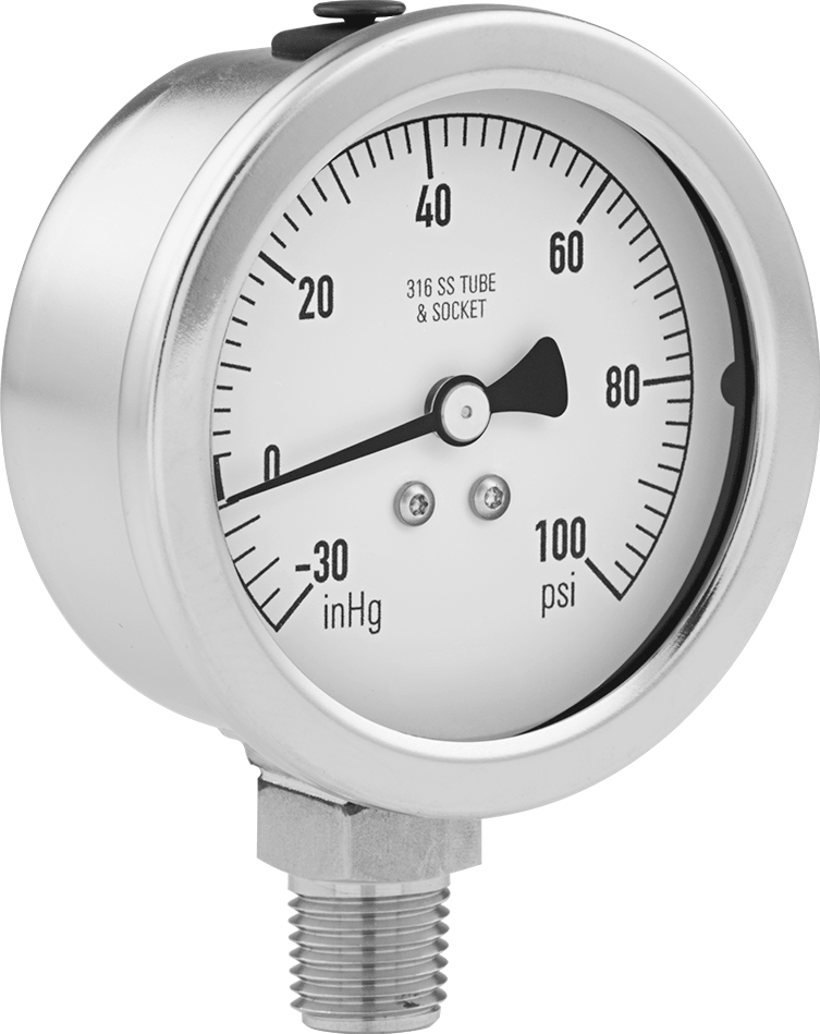 Tek Ölçekli Titreşim ve Paslanma ve Aşınmaya Dayanıklı Gösterge, Bileşik, 2.5" Kadran, 1/4 NPT Erkek Alt Montaj, 0-100 PSI