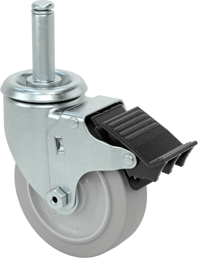 Sürtünmeli Tutuşlu Mil Dönüşlü Tekerlek, Segmanlı, Total Lock ve 4" Çapında 65A Kauçuk Tekerlek — Mil, 5⁄8", Sürtünmeli Tutamak