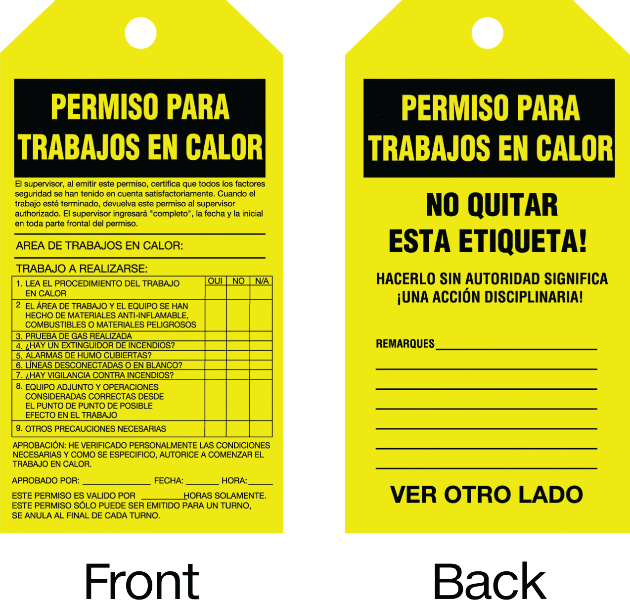 Sıcak İş İzni Etiketleri, Sıcak Ortamda Çalışma İzni Mesajı — Permiso Para Trabajos en Calor, Permiso Para Trabajos en Calor—No Quitar Es…
