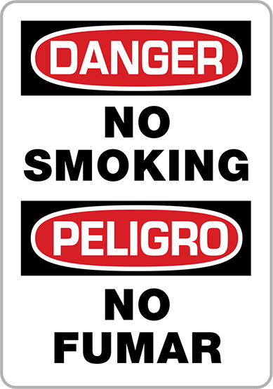 Yapışkan Arka Yüzeyli Polipropilen Plastik Tabela, (Tehlike - Sigara İçilmez), İngilizce/İspanyolca