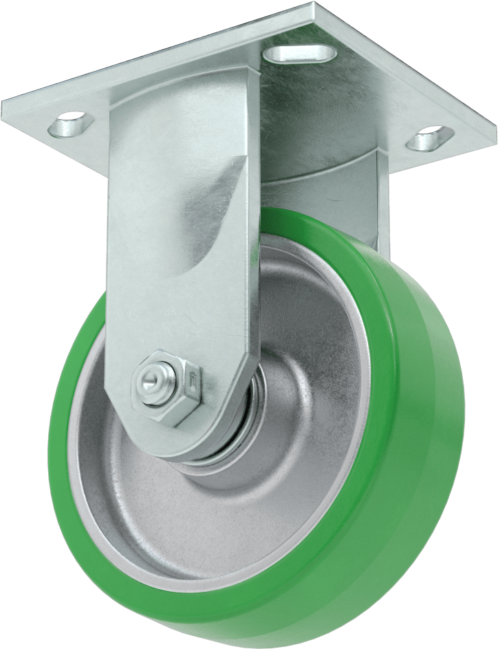 4-1/2" x 4" Plakalı Yüksek Kapasiteli Spartan Tekerlek, 5" x 1-1/2" Açık Rulmanlı Poliüretan Tekerlekli Sabit — 5", Levha, 720 lb.