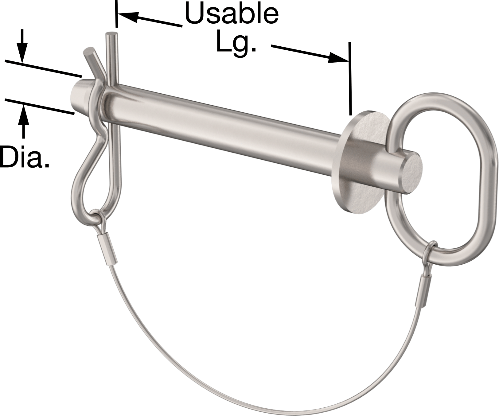 Kopilyalı Bağlı Döngü Tutucu Çatal Pimi, 17-4 PH Paslanmaz Çelik, 5/8" Çap, 4-1/2" Kullanılabilir Uzunluk