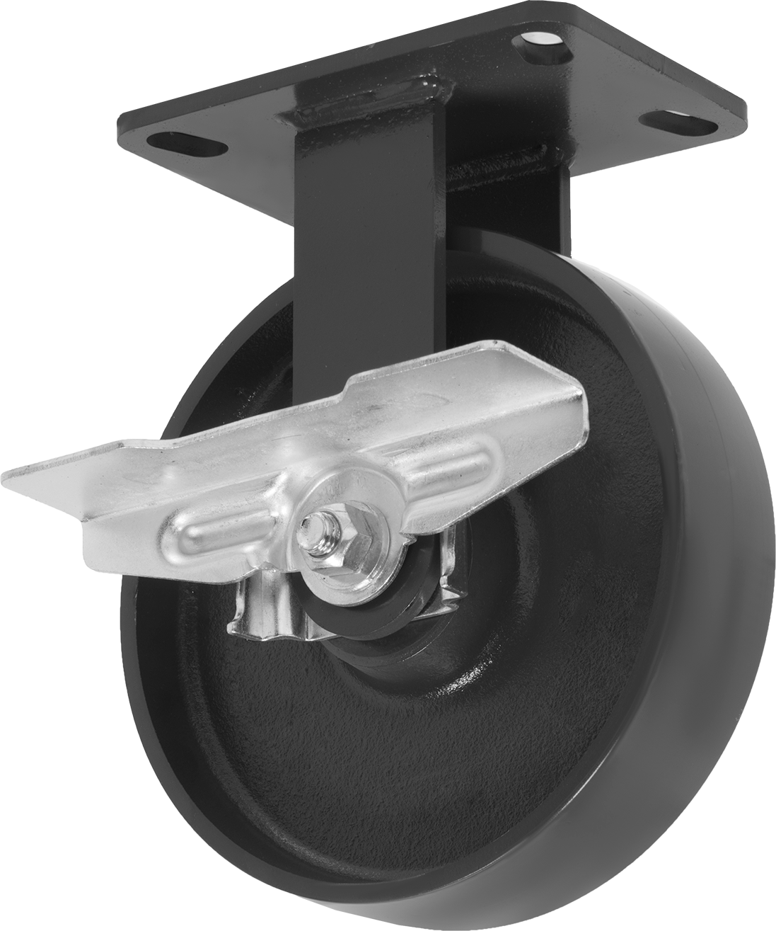 6-1/2" x 4-1/2" Plakalı Yüksek Kapasiteli Kingston Tekerlek, Sağ Taraf Frenli ve 8 inç Çapında Metal Tekerlekli Sert — 8", Levha, Sert