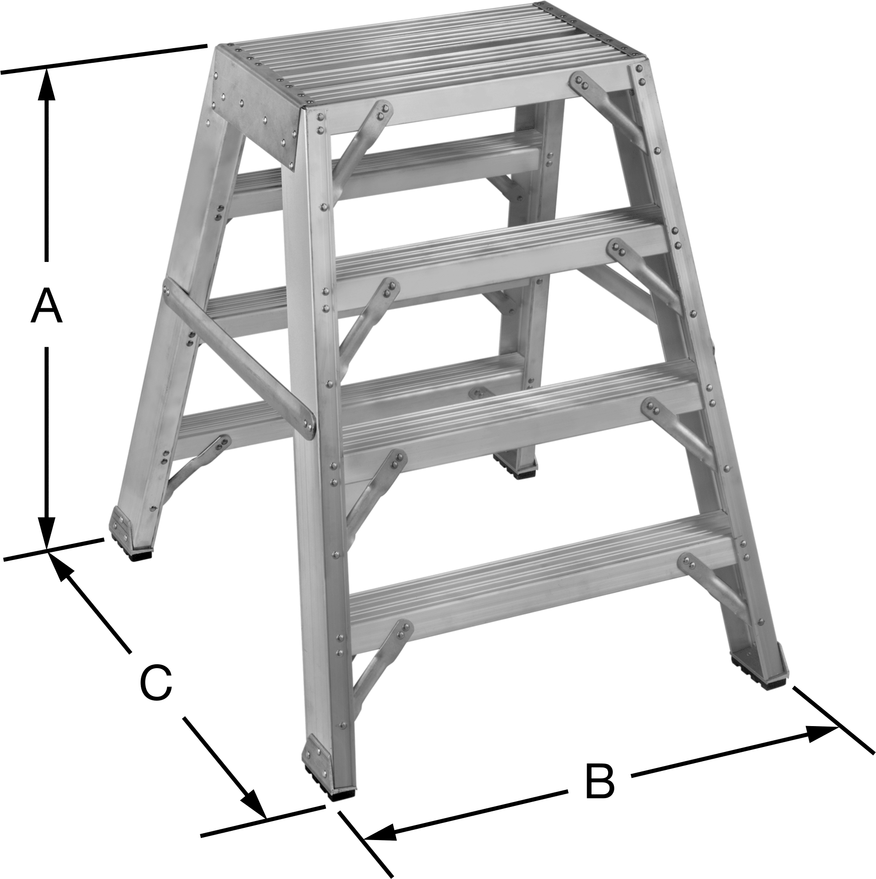 Alüminyum Basamaklı Tabure, 4 nervürlü basamak, 31" Yükseklik x 25" Genişlik x 31" Toplam Derinlik — 4, 31", Alüminyum