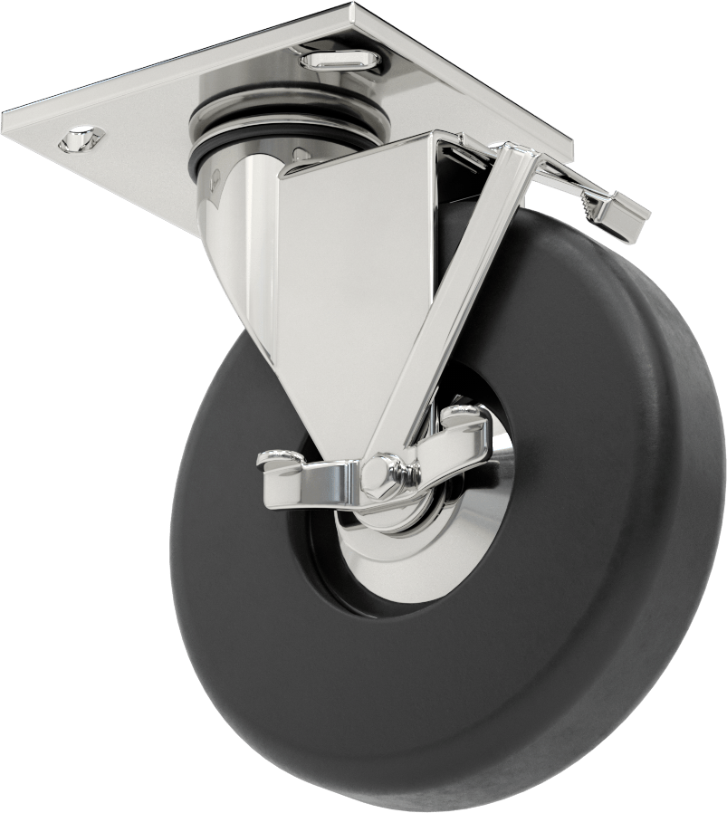 4-1/2" x 4" Plakalı Parlak Yüzeyli Tekerlek, Frenli Döner Ayak ve 6 inç Çapında Kauçuk Tekerlek